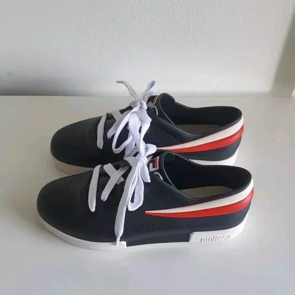 Melissa X Fila Women's Ruber Black Lace-up Jelly Red Stripe Sneakers Size 7 - Picture 8 of 13